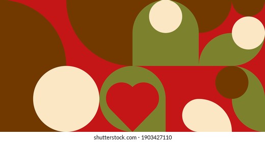 Romantic vector abstract  geometric background with hearts, circles, rectangles and squares  in retro scandinavian style. Pastel colored simple shapes graphic pattern. Abstract mosaic artwork.
