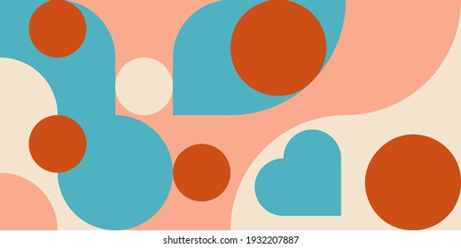 Romantic vector abstract  geometric background with hearts, circles, rectangles and squares  in retro scandinavian style. Pastel colored simple shapes graphic pattern. Abstract mosaic artwork.