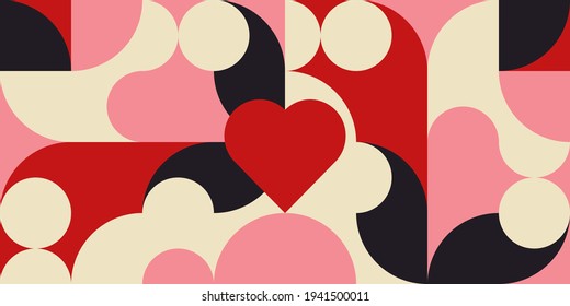 Romantic vector abstract  geometric background with hearts, circles, rectangles and squares  in retro scandinavian style. Pastel colored simple shapes graphic pattern. Abstract mosaic artwork.