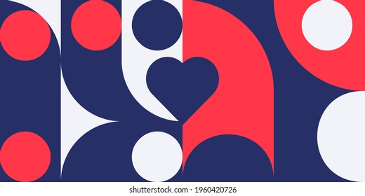 Romantic vector abstract  geometric background with hearts, circles, rectangles and squares  in retro scandinavian style. Pastel colored simple shapes graphic pattern. Abstract mosaic artwork.