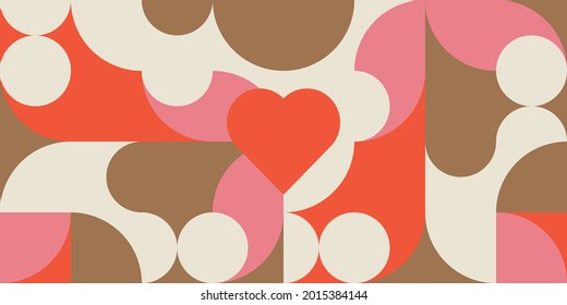 Romantic vector abstract  geometric background with hearts, circles, rectangles and squares  in retro scandinavian style. Pastel colored simple shapes graphic pattern. Abstract mosaic artwork.