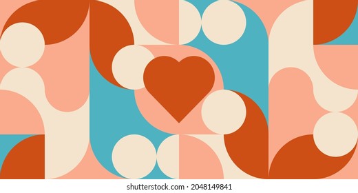 Romantic vector abstract  geometric background with hearts, circles, rectangles and squares  in retro scandinavian style. Pastel colored simple shapes graphic pattern. Abstract mosaic artwork.