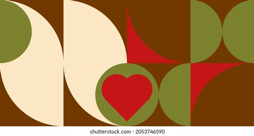 Romantic vector abstract  geometric background with hearts, circles, rectangles and squares  in retro scandinavian style. Pastel colored simple shapes graphic pattern. Abstract mosaic artwork.
