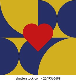 Romantic vector abstract  geometric background with hearts, circles, rectangles and squares  in retro Scandinavian style. Pastel colored simple shapes graphic pattern. Abstract mosaic artwork.