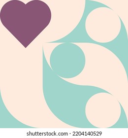 Romantic vector abstract  geometric background with hearts, circles, rectangles and squares  in retro Scandinavian style. Pastel colored simple shapes graphic pattern. Abstract mosaic artwork.