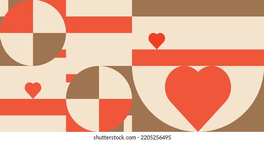 Romantic vector abstract  geometric background with hearts, circles, rectangles and squares  in retro scandinavian style. Pastel colored simple shapes graphic pattern. Abstract mosaic artwork.