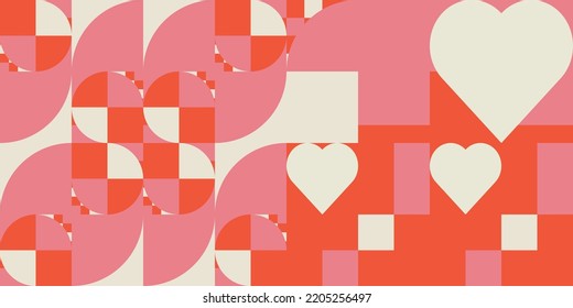 Romantic vector abstract  geometric background with hearts, circles, rectangles and squares  in retro Scandinavian style. Pastel colored simple shapes graphic pattern. Abstract mosaic artwork.