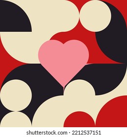 Romantic vector abstract  geometric background with hearts, circles, rectangles and squares  in retro Scandinavian style. Pastel colored simple shapes graphic pattern. Abstract mosaic artwork.