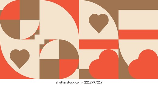 Romantic vector abstract  geometric background with hearts, circles, rectangles and squares  in retro scandinavian style. Pastel colored simple shapes graphic pattern. Abstract mosaic artwork.