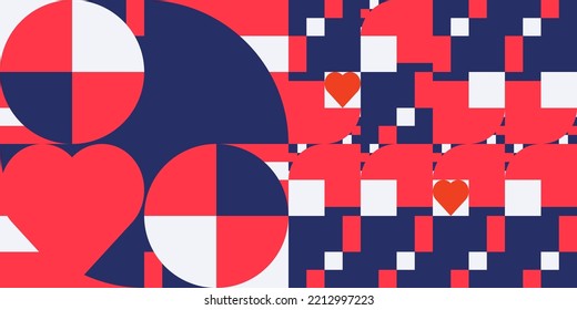 Romantic vector abstract  geometric background with hearts, circles, rectangles and squares  in retro Scandinavian style. Pastel colored simple shapes graphic pattern. Abstract mosaic artwork.