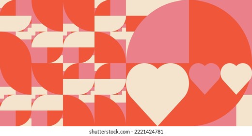 Romantic vector abstract  geometric background with hearts, circles, rectangles and squares  in retro scandinavian style. Pastel colored simple shapes graphic pattern. Abstract mosaic artwork.
