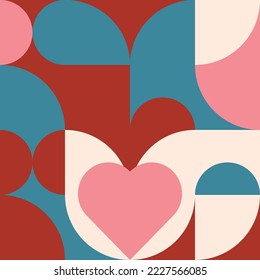 Romantic vector abstract  geometric background with hearts, circles, rectangles and squares  in retro Scandinavian style. Pastel colored simple shapes graphic pattern. Abstract mosaic artwork.