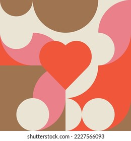 Romantic vector abstract  geometric background with hearts, circles, rectangles and squares  in retro Scandinavian style. Pastel colored simple shapes graphic pattern. Abstract mosaic artwork.