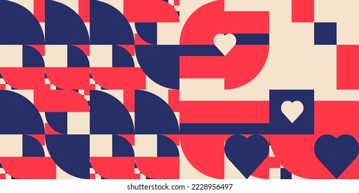 Romantic vector abstract  geometric background with hearts, circles, rectangles and squares  in retro scandinavian style. Pastel colored simple shapes graphic pattern. Abstract mosaic artwork.