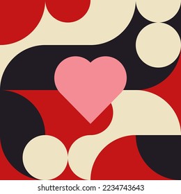 Romantic vector abstract  geometric background with hearts, circles, rectangles and squares  in retro Scandinavian style. Pastel colored simple shapes graphic pattern. Abstract mosaic artwork.