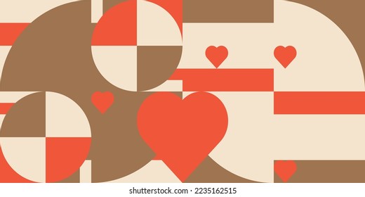 Romantic vector abstract  geometric background with hearts, circles, rectangles and squares  in retro scandinavian style. Pastel colored simple shapes graphic pattern. Abstract mosaic artwork.