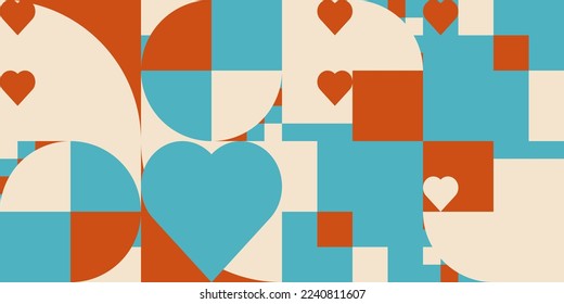 Romantic vector abstract  geometric background with hearts, circles, rectangles and squares  in retro scandinavian style. Pastel colored simple shapes graphic pattern. Abstract mosaic artwork.