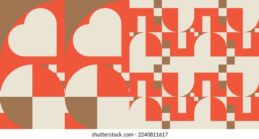Vector romántico de fondo geométrico abstracto con corazones, círculos, rectángulos y cuadrados en estilo retro escandinavo. Patrón gráfico de formas simples de color pastel. Resumen de arte en mosaico.