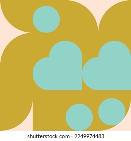 Romantic vector abstract  geometric background with hearts, circles, rectangles and squares  in retro Scandinavian style. Pastel colored simple shapes graphic pattern. Abstract mosaic artwork.