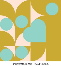 Romantic vector abstract  geometric background with hearts, circles, rectangles and squares  in retro Scandinavian style. Pastel colored simple shapes graphic pattern. Abstract mosaic artwork.