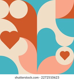 Romantic vector abstract  geometric background with hearts, circles, rectangles and squares  in retro Scandinavian style. Pastel colored simple shapes graphic pattern. Abstract mosaic artwork.