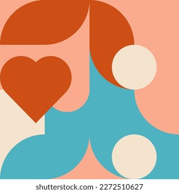 Romantic vector abstract  geometric background with hearts, circles, rectangles and squares  in retro Scandinavian style. Pastel colored simple shapes graphic pattern. Abstract mosaic artwork.