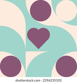 Romantic vector abstract  geometric background with hearts, circles, rectangles and squares  in retro Scandinavian style. Pastel colored simple shapes graphic pattern. Abstract mosaic artwork.