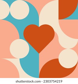 Vector romántico de fondo geométrico abstracto con corazones, círculos, rectángulos y cuadrados en estilo retro escandinavo. Patrón gráfico de formas simples de color pastel. Resumen de arte en mosaico.