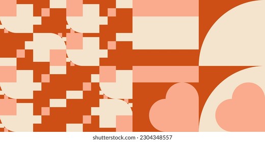 Romantic vector abstract  geometric background with hearts, circles, rectangles and squares  in retro scandinavian style. Pastel colored simple shapes graphic pattern. Abstract mosaic artwork.