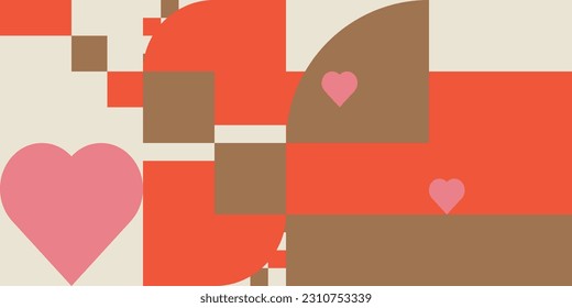 Romantic vector abstract  geometric background with hearts, circles, rectangles and squares  in retro Scandinavian style. Pastel colored simple shapes graphic pattern. Abstract mosaic artwork.