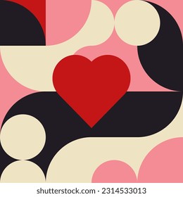 Romantic vector abstract  geometric background with hearts, circles, rectangles and squares  in retro Scandinavian style. Pastel colored simple shapes graphic pattern. Abstract mosaic artwork.