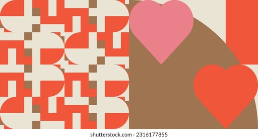 Romantic vector abstract  geometric background with hearts, circles, rectangles and squares  in retro Scandinavian style. Pastel colored simple shapes graphic pattern. Abstract mosaic artwork.