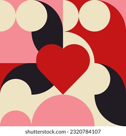 Romantic vector abstract  geometric background with hearts, circles, rectangles and squares  in retro Scandinavian style. Pastel colored simple shapes graphic pattern. Abstract mosaic artwork.