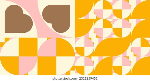 Vector romántico de fondo geométrico abstracto con corazones, círculos, rectángulos y cuadrados en estilo retro escandinavo. Patrón gráfico de formas simples de color pastel. Resumen de arte en mosaico.