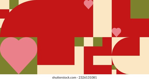 Vector romántico de fondo geométrico abstracto con corazones, círculos, rectángulos y cuadrados en estilo retro escandinavo. Patrón gráfico de formas simples de color pastel. Resumen de arte en mosaico.