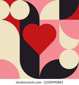 Romantic vector abstract  geometric background with hearts, circles, rectangles and squares  in retro Scandinavian style. Pastel colored simple shapes graphic pattern. Abstract mosaic artwork.