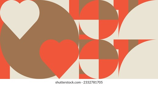 Romantic vector abstract  geometric background with hearts, circles, rectangles and squares  in retro Scandinavian style. Pastel colored simple shapes graphic pattern. Abstract mosaic artwork.