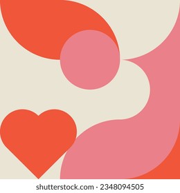 Romantic vector abstract  geometric background with hearts, circles, rectangles and squares  in retro Scandinavian style. Pastel colored simple shapes graphic pattern. Abstract mosaic artwork.