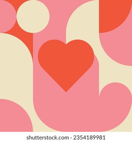 Romantic vector abstract  geometric background with hearts, circles, rectangles and squares  in retro Scandinavian style. Pastel colored simple shapes graphic pattern. Abstract mosaic artwork.