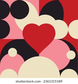 Romantic vector abstract geometric background with hearts, circles, rectangles and squares in retro scandinavian style. Pastel colored simple shapes graphic pattern. Abstract mosaic artwork. eps 10
