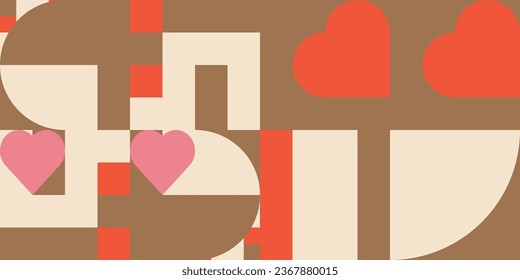 Romantic vector abstract  geometric background with hearts, circles, rectangles and squares  in retro scandinavian style. Pastel colored simple shapes graphic pattern. Abstract mosaic artwork.