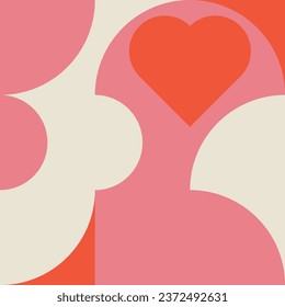 Romantic vector abstract  geometric background with hearts, circles, rectangles and squares  in retro Scandinavian style. Pastel colored simple shapes graphic pattern. Abstract mosaic artwork.