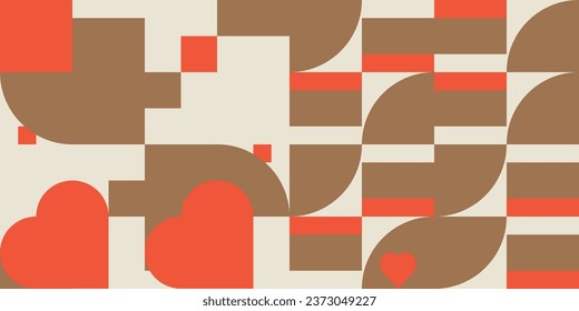 Romantic vector abstract  geometric background with hearts, circles, rectangles and squares  in retro scandinavian style. Pastel colored simple shapes graphic pattern. Abstract mosaic artwork.