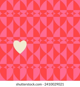 Romantic vector abstract geometric background with hearts in retro style. Pastel colored simple shapes graphic pattern. Abstract mosaic artwork.