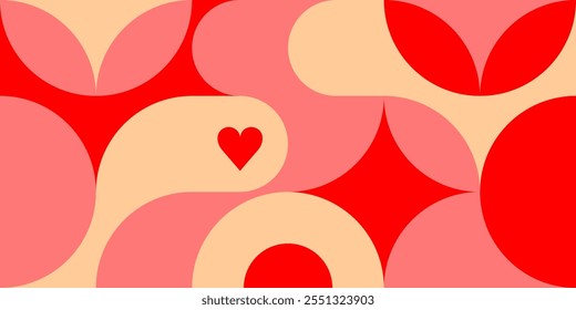 Romantic vector abstract geometric background with hearts, circles, rectangles and squares in retro scandinavian style. Red colored simple shapes graphic pattern. Abstract mosaic artwork.