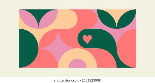 Romantic vector abstract geometric background with hearts, circles, rectangles and squares in retro scandinavian style. Pastel colored simple shapes graphic pattern. Abstract mosaic artwork.