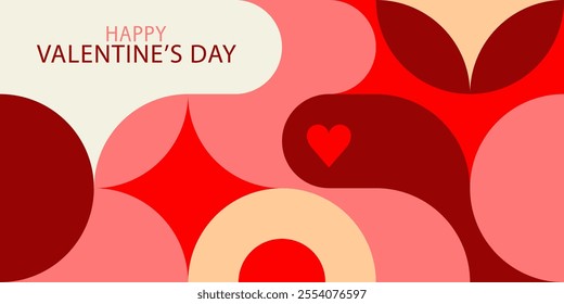 Romantic vector abstract geometric banner Happy Valentine's Day with hearts, circles, round shapes in retro scandinavian style. Colored simple shapes graphic pattern background