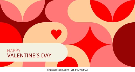 Romantic vector abstract geometric banner Happy Valentine's Day with hearts, circles, round shapes in retro scandinavian style. Colored simple shapes graphic pattern background