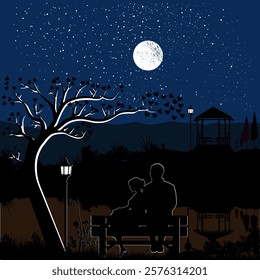 Romantic vector art of a couple sitting under a heart-filled tree on a starry night with a glowing full moon. Perfect for love-themed designs, wall art, posters, wedding and creative projects.