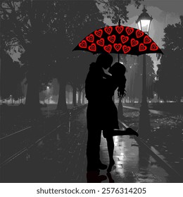 "Romantic vector art of a couple's silhouette under a heart-patterned umbrella in a rainy park. Perfect for Valentine’s Day, love-themed designs, posters, digital prints, and creative projects."